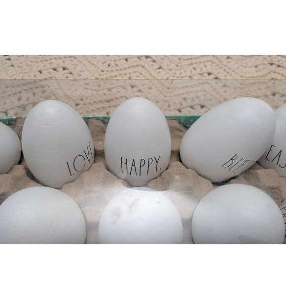 Rae Dunn Wood Easter Egg Decor Set of 12 White Farmhouse Spring Words New In Box - Picture 3 of 5